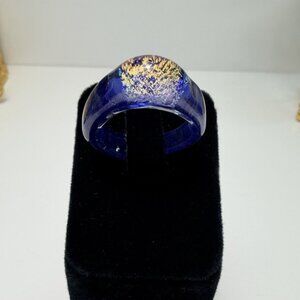 Vintage Murano Glass Ring Blue Gold Fleck Statement Band Size 9.75 Unique
